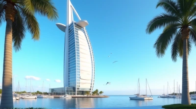 Sail-Shaped Skyscraper With Marina And Palm Trees