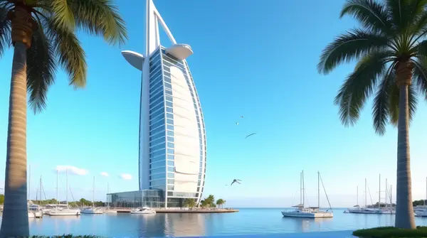 Sail-Shaped Skyscraper With Marina And Palm Trees