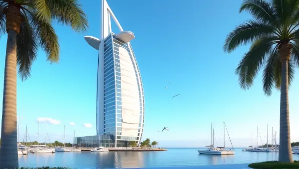 Sail-Shaped Skyscraper With Marina And Palm Trees