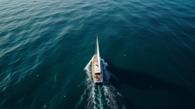 Sailboat Navigating Open Ocean From Above