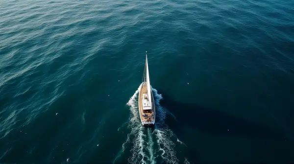 Top-down view of a sailboat moving through the open ocean with ripples and foam around it