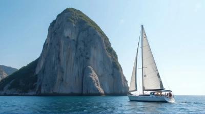 Sailboat Sailing Near Rocky Cliff Under Clear Sky