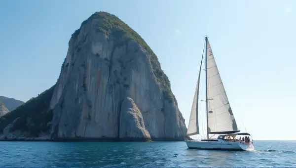 Sailboat Sailing Near Rocky Cliff Under Clear Sky