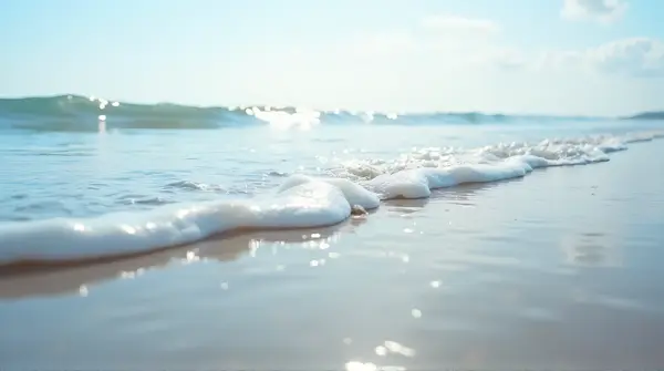 Close-up of saltwater surges moving over sand under a clear sky from low angle
