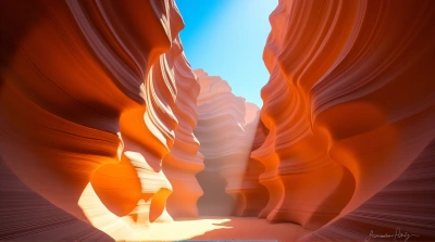 Sandstone Slot Canyon With Sun Beams And Blue Sky