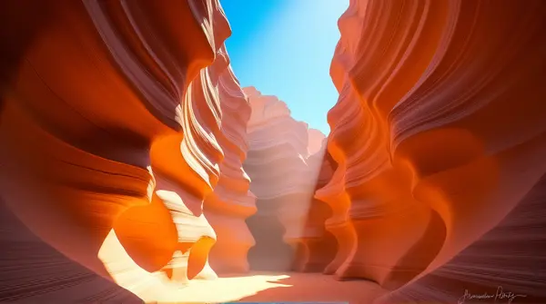 Sandstone Slot Canyon With Sun Beams And Blue Sky