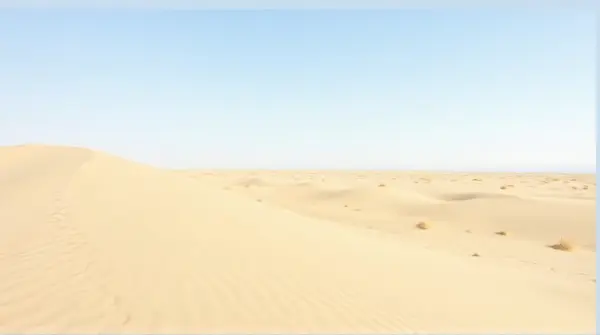 Expansive sandy plain with rolling dunes and sparse dry grass under a clear sky.
