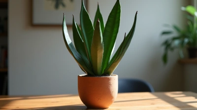 Sansevieria Plant in Terracotta Pot on Wooden Table