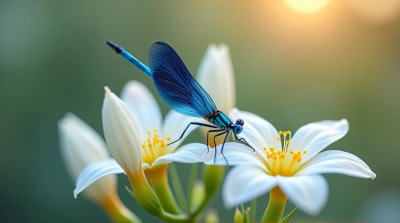 Sapphire Insect On Pale Blossoms With Soft Light
