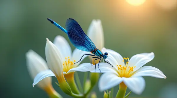 A sapphire-colored insect perched on pale unopened blossoms with soft light highlighting wings and petals.