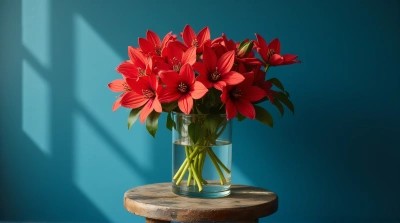 Scarlet Blooms Clustered On Rustic Stool