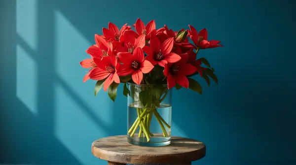Cluster of scarlet blossoms arranged on a rustic cobalt-colored stool with soft shadows and highlights.