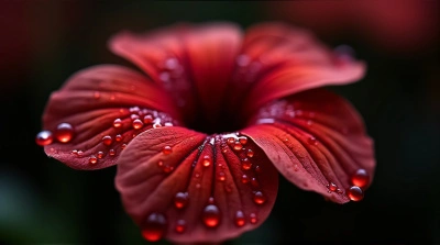 Scarlet Flower Close-Up With Shimmering Droplets