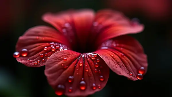 Scarlet Flower Close-Up With Shimmering Droplets