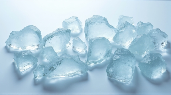 Overhead view of scattered translucent ice shards reflecting light on a smooth surface