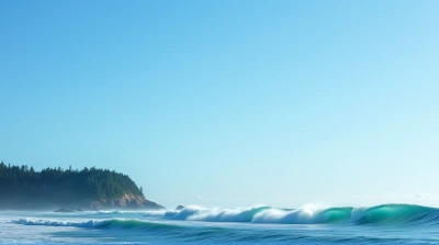 Sea Swells Near Lush Coastal Landscape Under Blue Sky