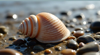 Seashell On Pebbles Near Water Edge