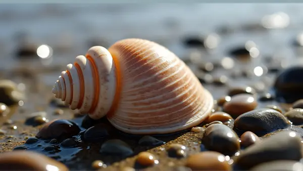 Seashell On Pebbles Near Water Edge