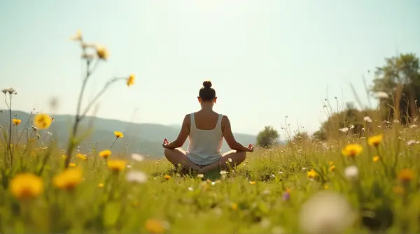 Individual sitting cross-legged in a wildflower meadow under soft sunlight and clear sky