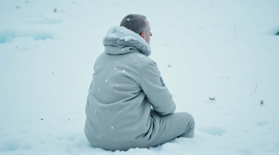 Seated Figure On White Icy Surface With Snowflakes