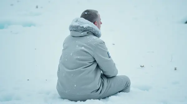 Seated Figure On White Icy Surface With Snowflakes