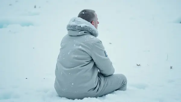 Seated Figure On White Icy Surface With Snowflakes