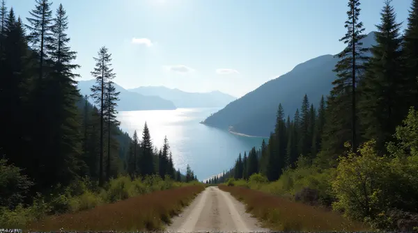 Low-angle view of a narrow path between dense forest slopes beside shimmering water under clear sky