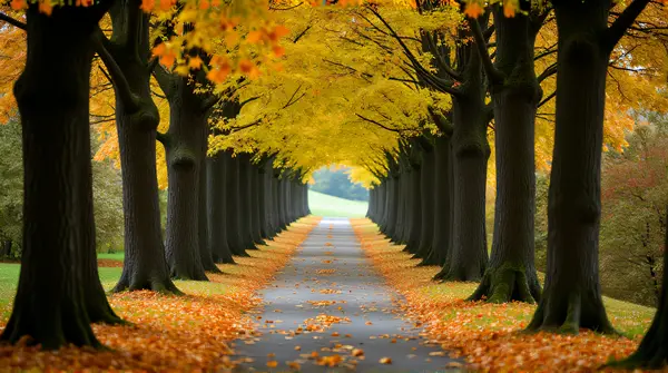 A solitary path flanked by tall deciduous trees beneath soft daylight filtering through dense foliage.