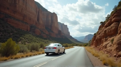 Sedan Driving Along Rocky Cliffside Path