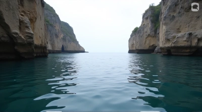 Serene Bay With Towering Stone Cliffs And Rippling Water