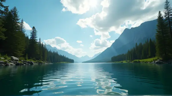 Serene Lake Surrounded by Tall Evergreen Trees