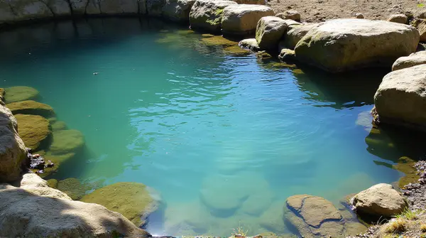 Still pool surrounded by moss-covered stones under bright sunlight with gentle ripples on the surface.