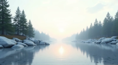 Serene Reflective Surface With Gray Stones And Evergreens