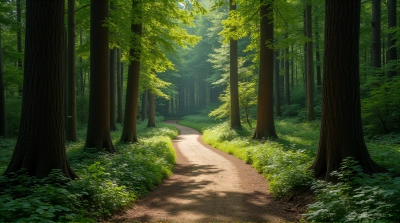 Serpentine Pathway Through Dense Woodland Shadows