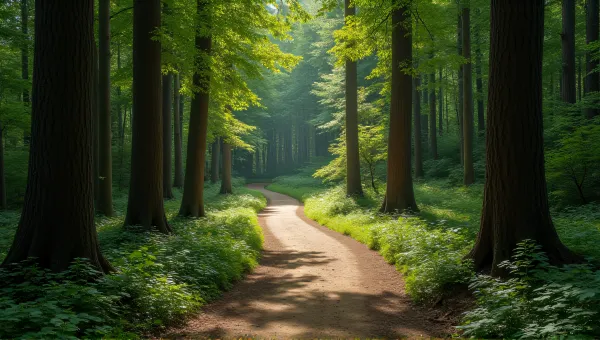 Serpentine Pathway Through Dense Woodland Shadows