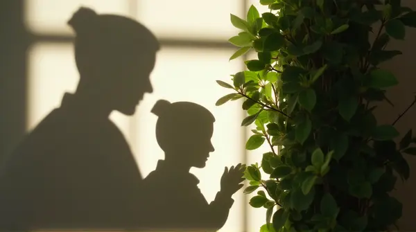 Shadowed figure beside leafy green plants with soft natural light from window highlighting outlines