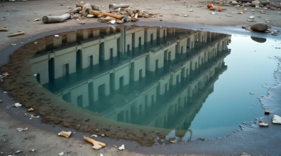 Shallow Water Pool Reflecting Complex Multi-Story Building