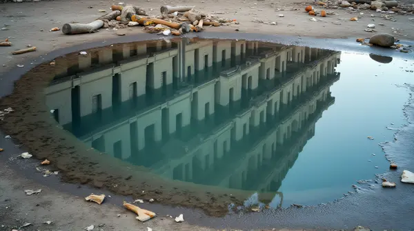 Shallow water pool showing a detailed multi-story building exterior with scattered debris around edges