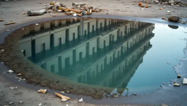 Shallow Water Pool Reflecting Complex Multi-Story Building