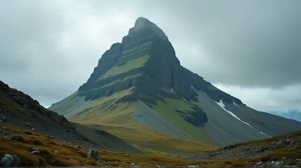 Sharp Emerald Peak Under Gray Sky