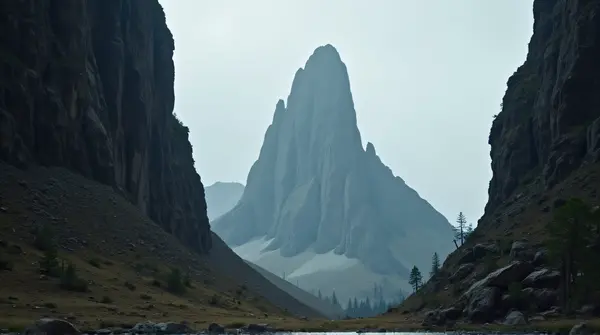 A tall, sharp mountain peak rises against a dull gray sky with jagged cliffs and sparse plants around.