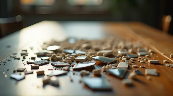 Shattered Fragments Scattered On Wooden Table