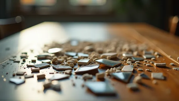 Shattered Fragments Scattered On Wooden Table