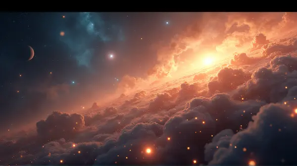 A vast spiral of glowing celestial bodies and luminous dust clouds viewed from afar.