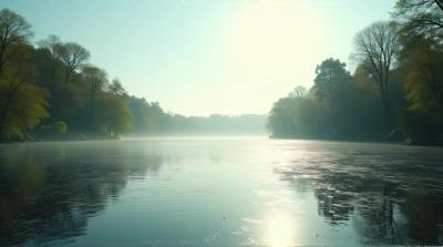 Shimmering Water Surface With Tall Trees Under Bright Sky