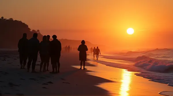 Shoreline Figures With Orange Reflections And Shadows