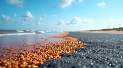 Shoreline With Russet And Slate Granules Under Clear Sky