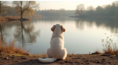 Short-Coated Pale Dog By Reflective Lake