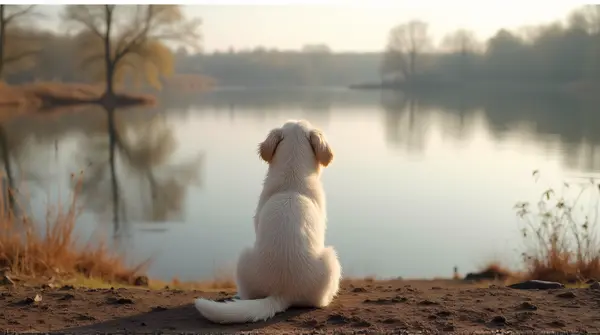 Short-Coated Pale Dog By Reflective Lake