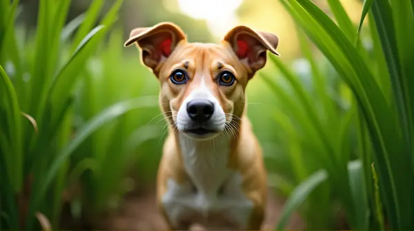 Short-Coated Tan Dog Amid Lush Foliage